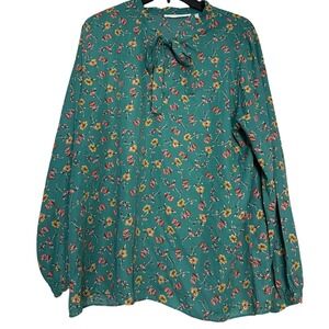Violet + Claire Women's Green Floral Blouse XL Long Sleeve Tie Neck